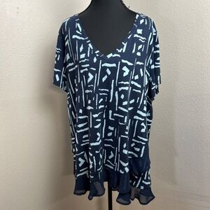 JM Collection Blouse Women's 2X Navy & Aqua Geo Print Sheer Ruffle Hem V-Neck